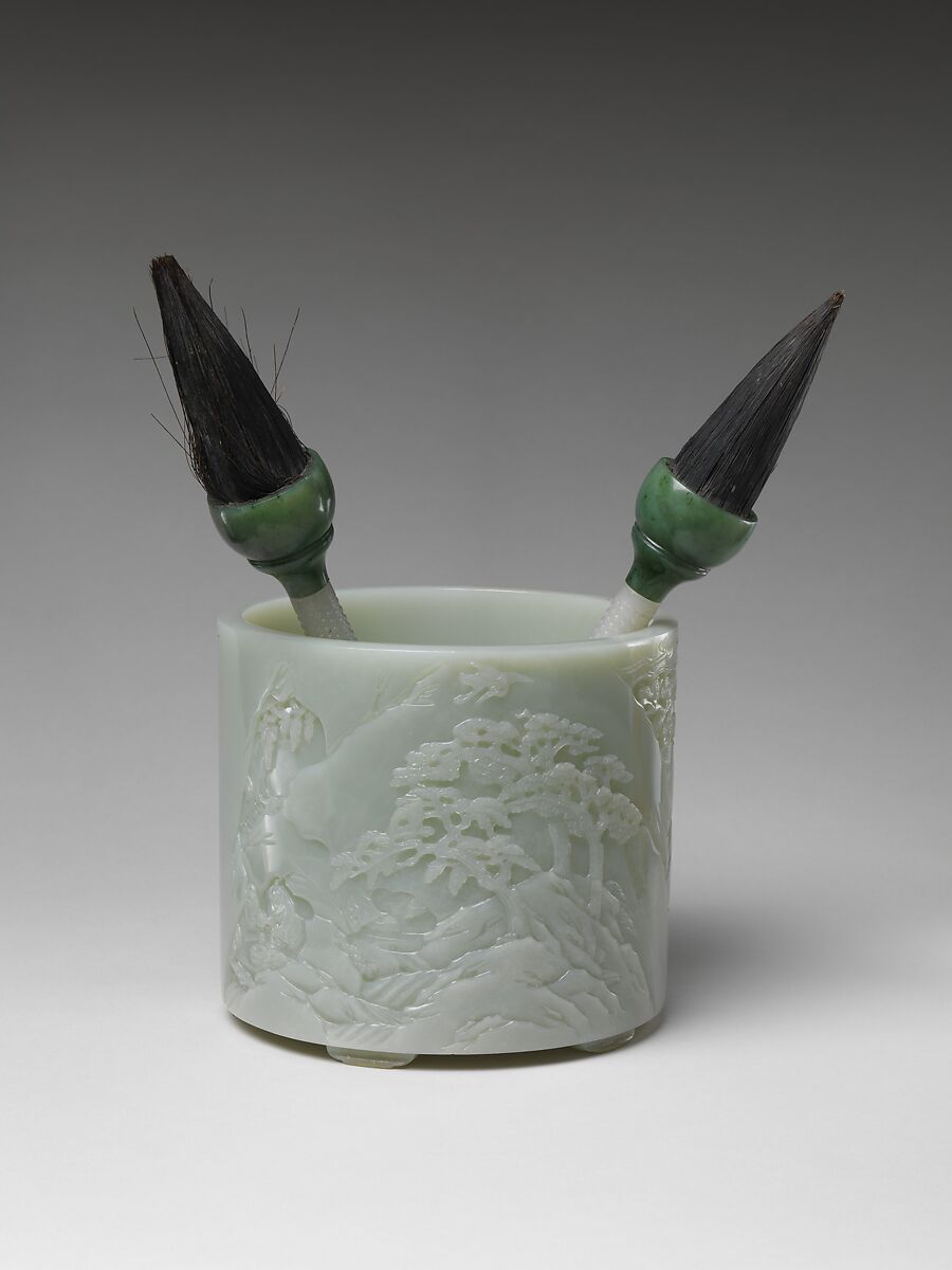 Brush holder with two brushes, Jade (nephrite), China