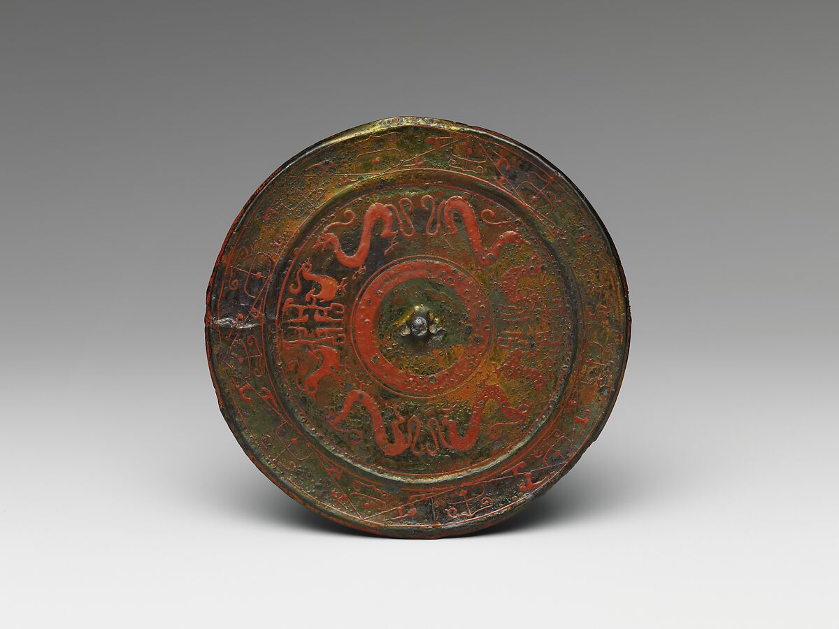 Mirror in the style of the Eastern Zhou dynasty, Warring States period (475-221 B.C.), Bronze with lacquer (painted decoration added later, possibly 20th century), China 