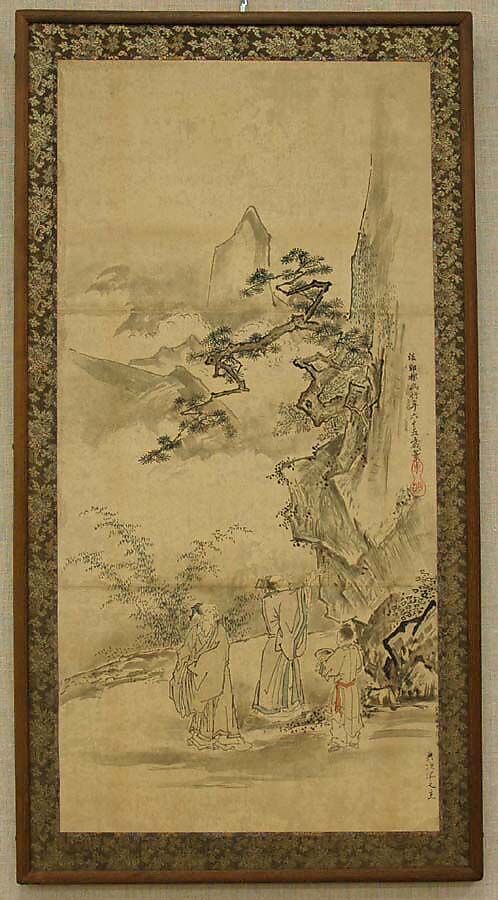 Sketch for a Painting of Mi Fu Inscribing a Poem on a Rock, Kano artist After Kano Tan&#39;yū (Japanese, 1602–1674), Hanging scroll mounted as a panel; ink and color on paper, Japan 