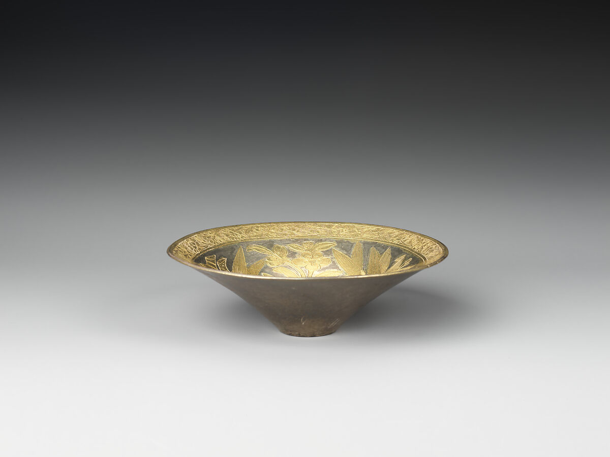 Conical bowl with flowers and birds (one from a set), Silver with chased and punched decoration and gilding, China 