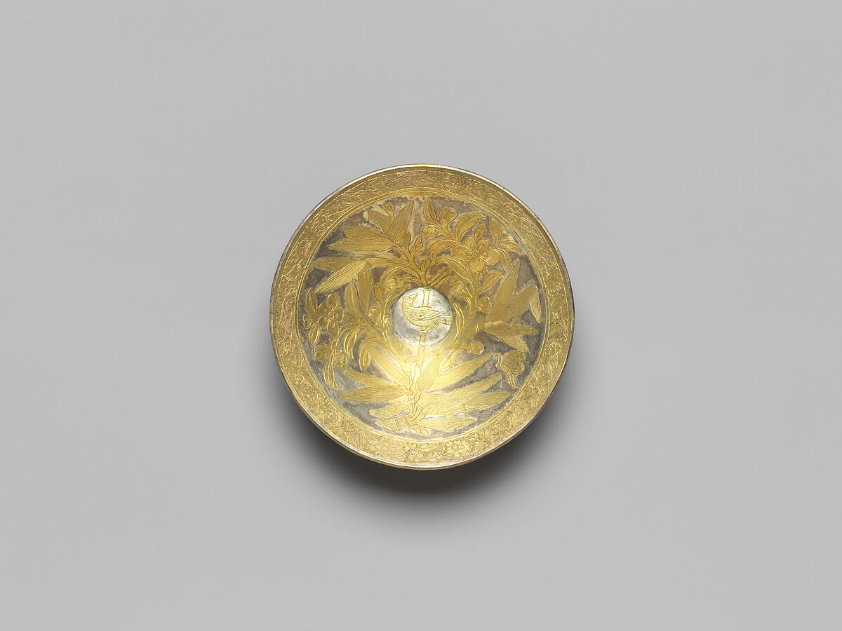 Conical bowl with flowers and birds (one from a set), Silver with chased and punched decoration and gilding, China