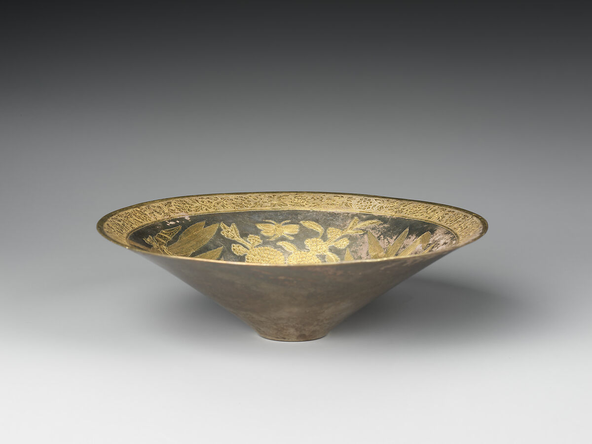 Conical bowl with flowers and birds (one from a set), Silver with chased and punched decoration and gilding, China 