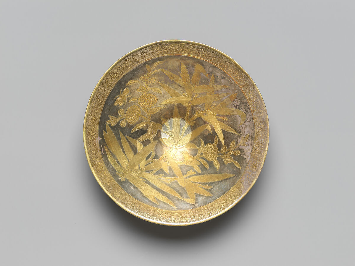 Conical bowl with flowers and birds (one from a set), Silver with chased and punched decoration and gilding, China