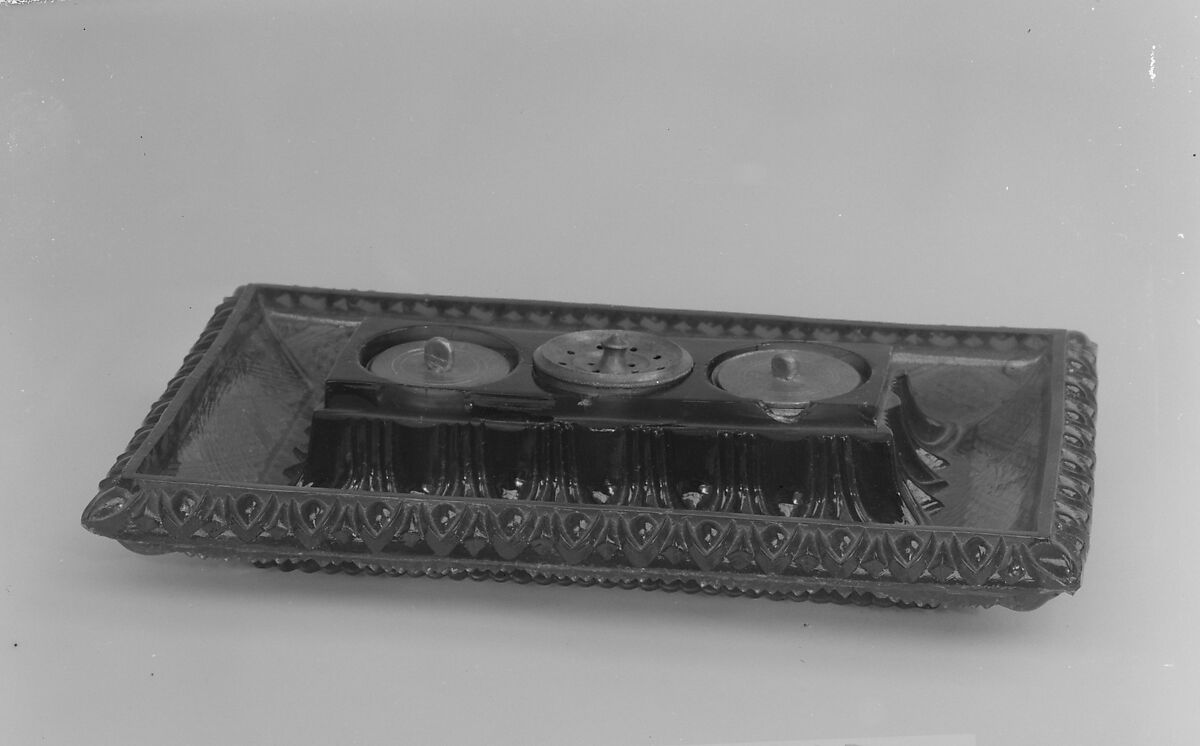 Inkstand, Lacy pressed blue glass, pewter 