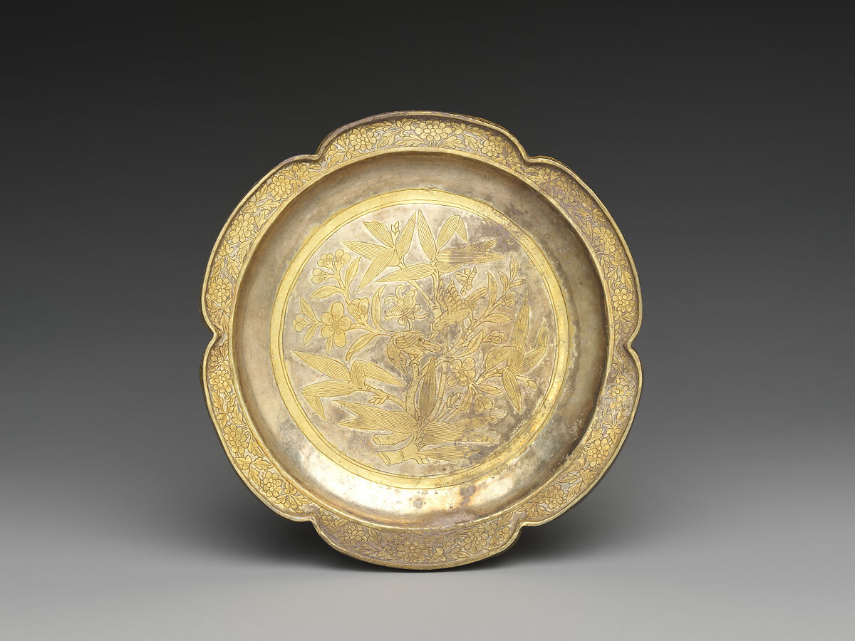 Lobed dish with flowers and birds (one from a set, Silver with chased and punched decoration and gilding, China 