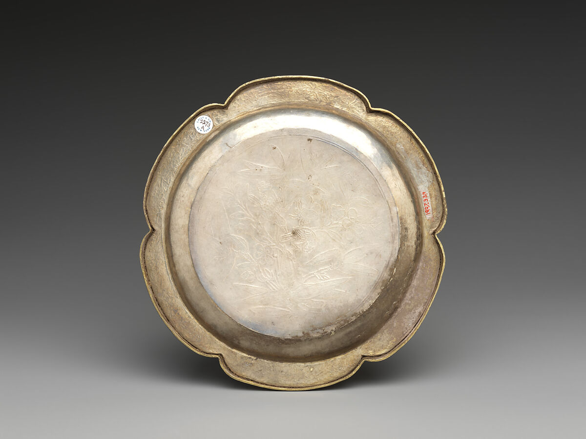 Lobed dish with flowers and birds (one from a set, Silver with chased and punched decoration and gilding, China