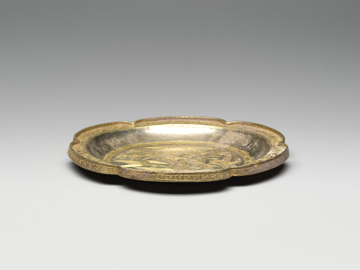 Lobed dish with flowers and birds (one from a set, Silver with chased and punched decoration and gilding, China