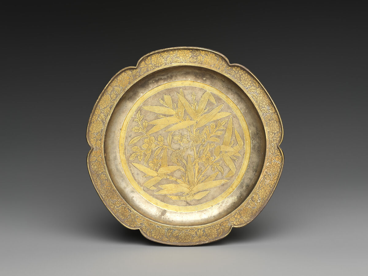 Lobed dish with flowers and birds (one from a set), Silver with chased and punched decoration and gilding, China 