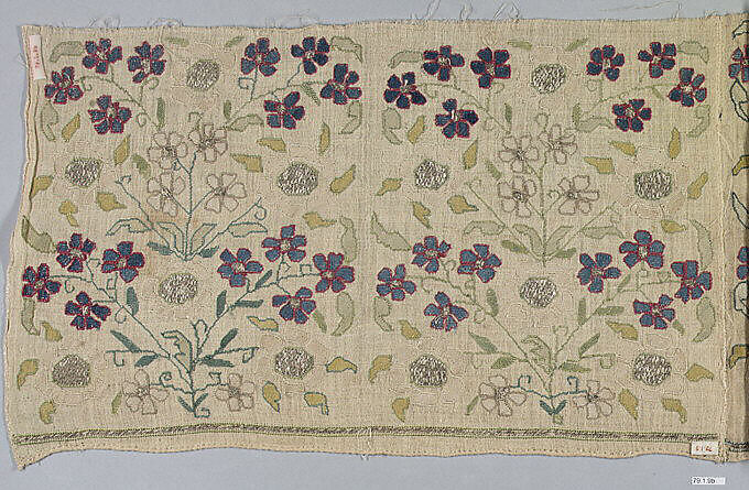 Towel End, Linen, silk, metal wrapped thread; plain weave, embroidered
