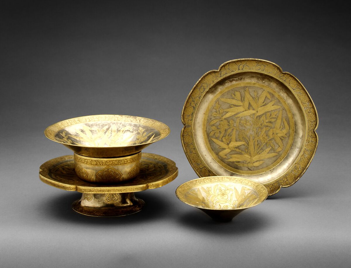 Lobed bowl stand with flowers and birds (one from a set), Silver with chased and punched decoration and gilding, China