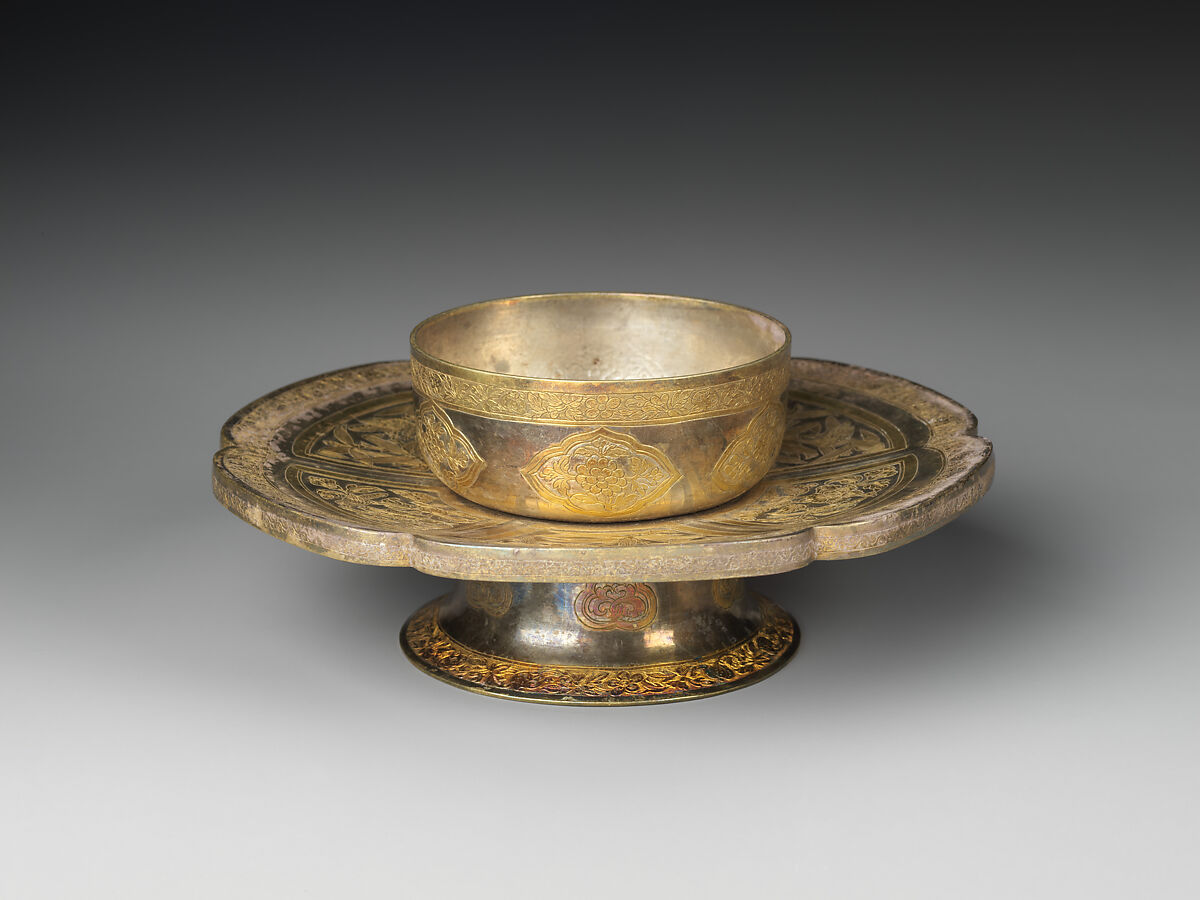 Lobed bowl stand with flowers and birds (one from a set), Silver with chased and punched decoration and gilding, China 