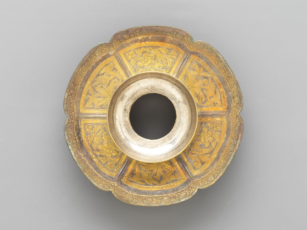 Lobed bowl stand with flowers and birds (one from a set), Silver with chased and punched decoration and gilding, China