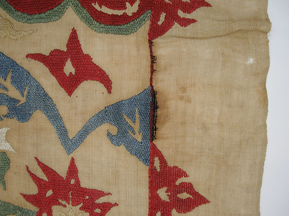 Textile Fragment, Linen, silk; plain weave, embroidered