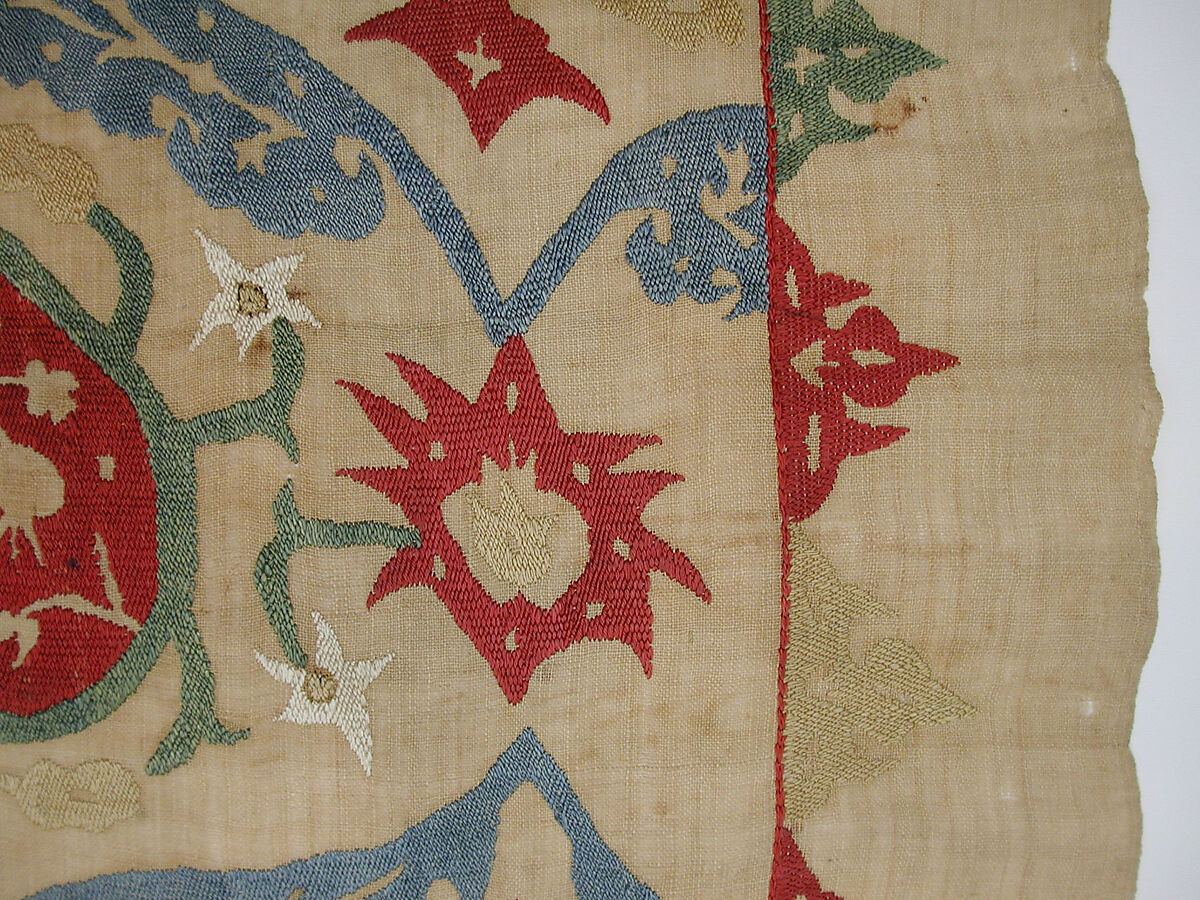 Textile Fragment, Linen, silk; plain weave, embroidered