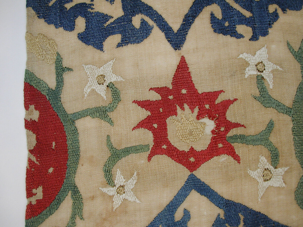 Textile Fragment, Linen, silk; plain weave, embroidered