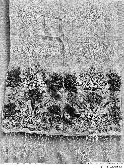 Towel End, Linen, silk, metal wrapped thread; plain weave, embroidered 