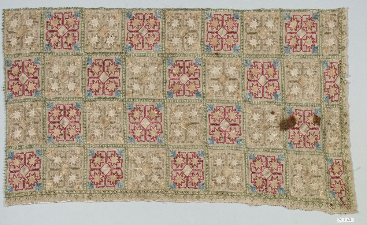 Textile Fragment, Linen, silk; plain weave, embroidered 