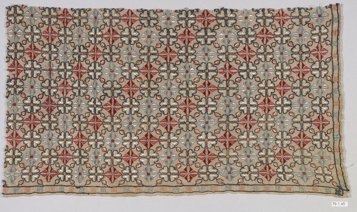 Textile Fragment, Linen, silk; plain weave, embroidered 