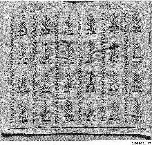 Textile Fragment, Linen, silk, metal wrapped thread; plain weave, embroidered 