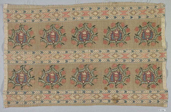 Textile Fragment, Linen, silk; plain weave, embroidered
