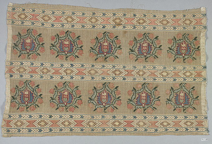 Textile Fragment, Linen, silk; plain weave, embroidered 