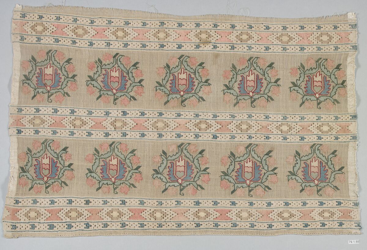 Textile Fragment, Linen, silk; plain weave, embroidered