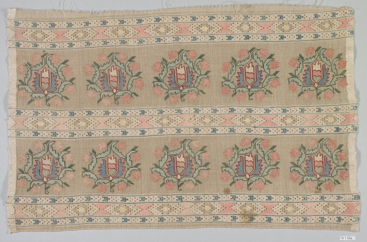 Textile Fragment, Linen, silk; plain weave, embroidered