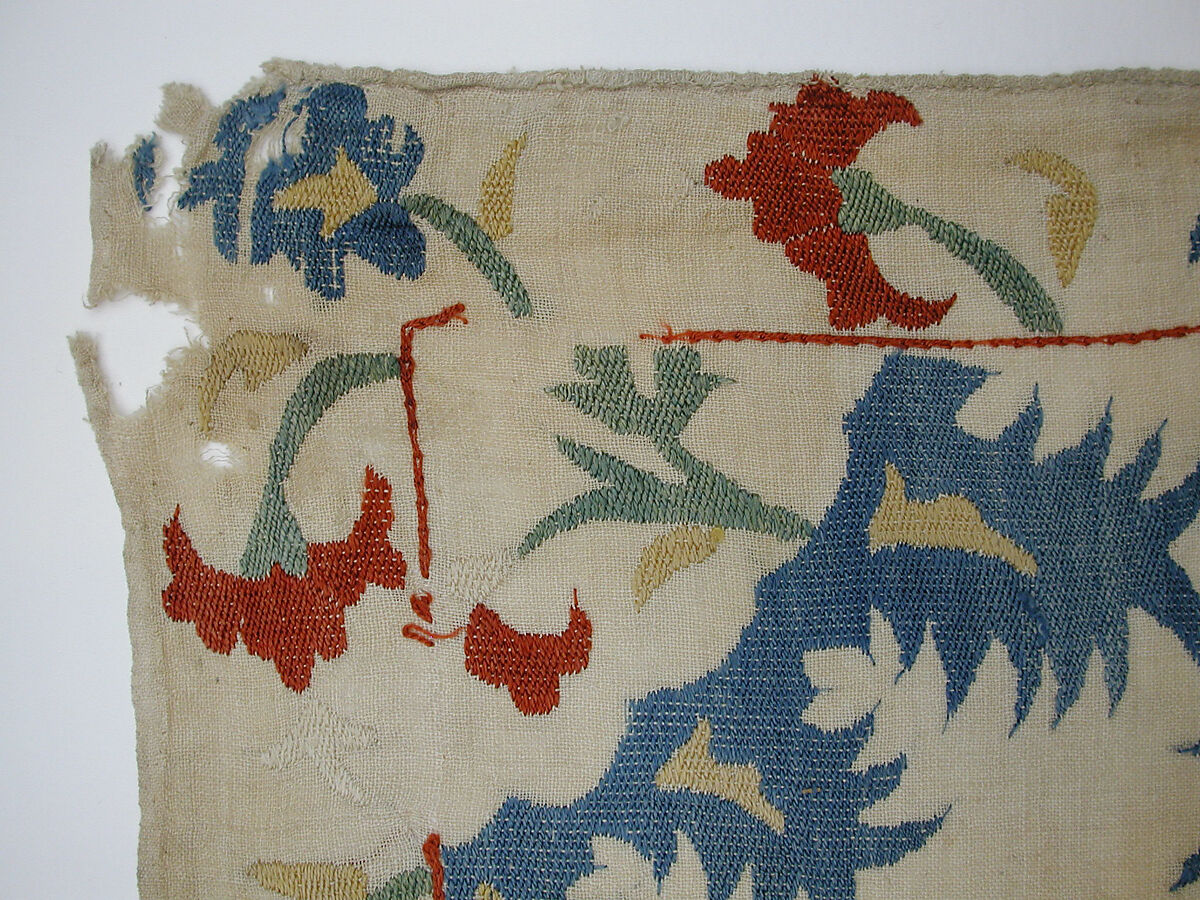 Textile Fragment, Linen, silk; plain weave, embroidered