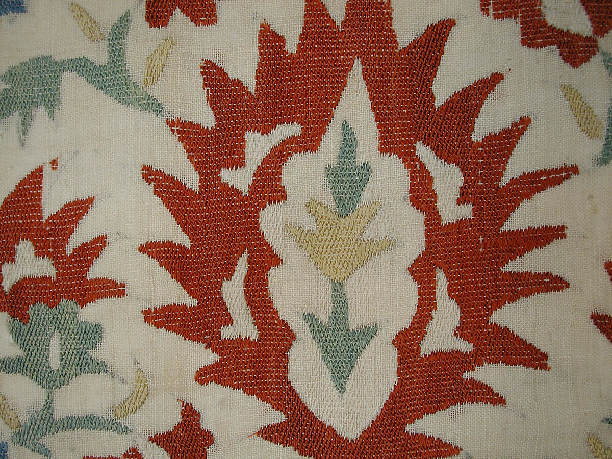 Textile Fragment, Linen, silk; plain weave, embroidered