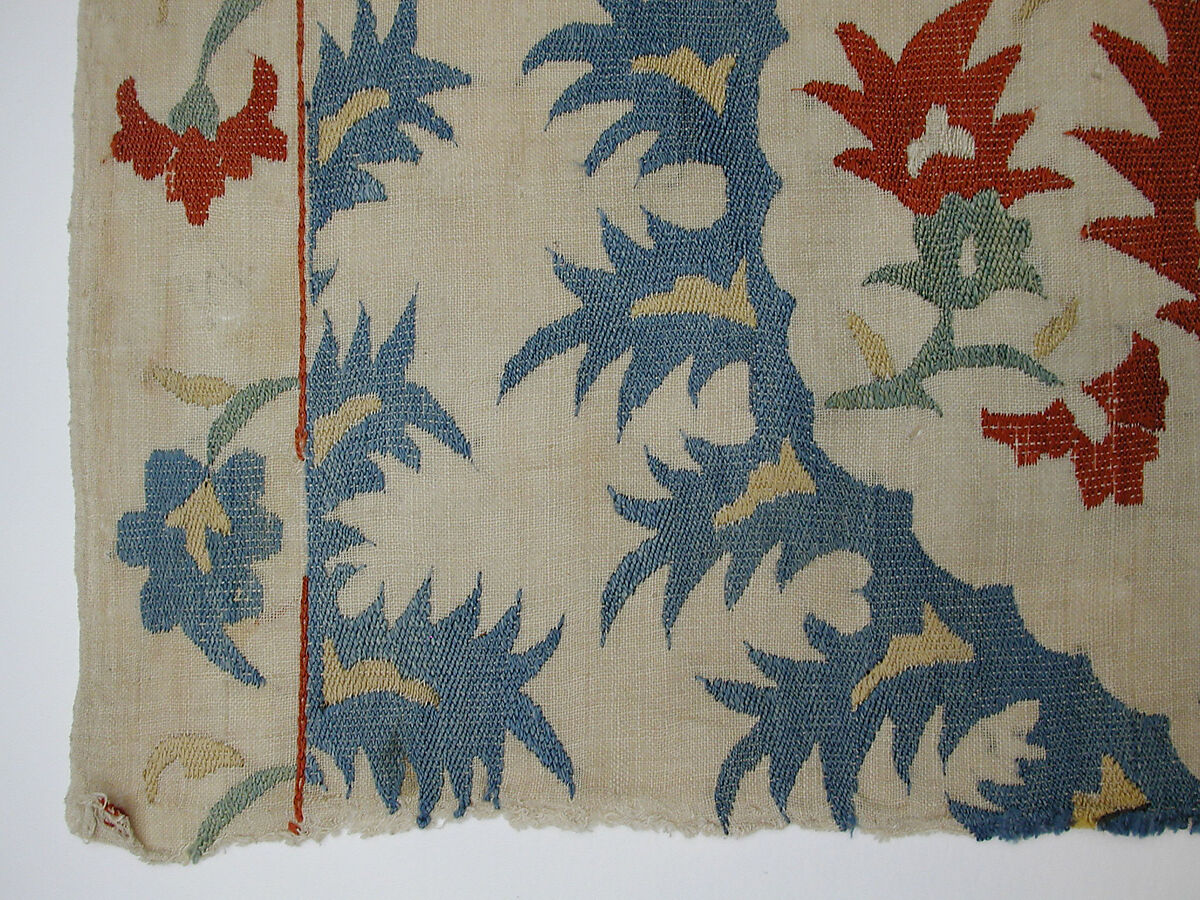 Textile Fragment, Linen, silk; plain weave, embroidered