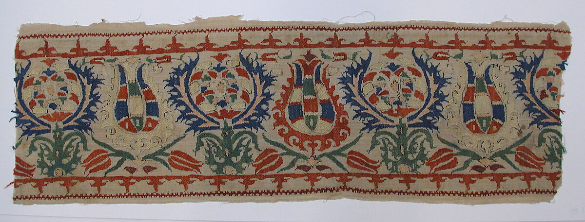 Textile Fragment, Linen, silk; plain weave, embroidered 