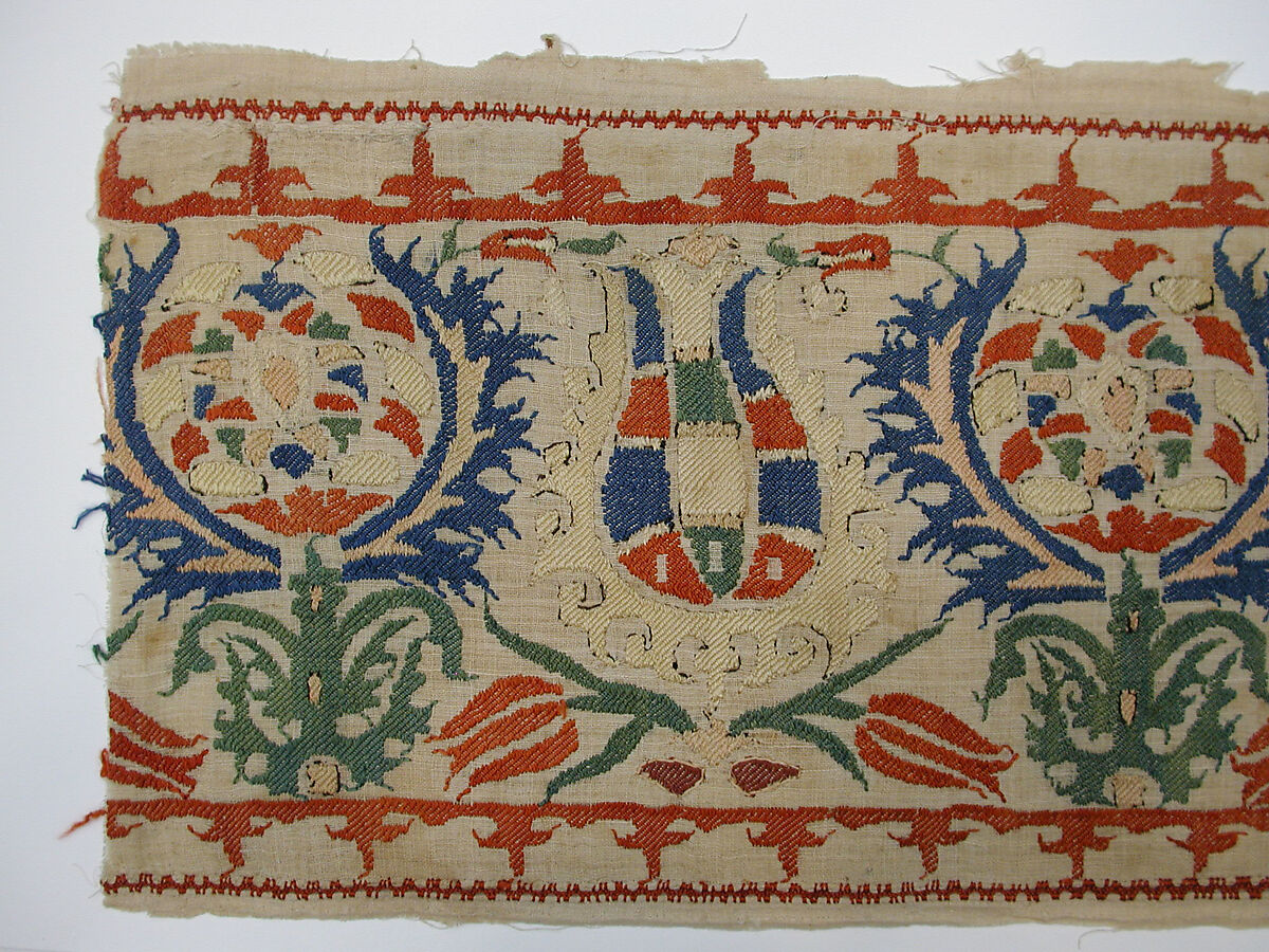 Textile Fragment, Linen, silk; plain weave, embroidered