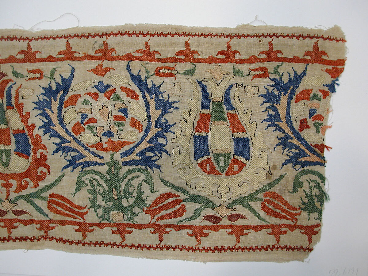 Textile Fragment, Linen, silk; plain weave, embroidered