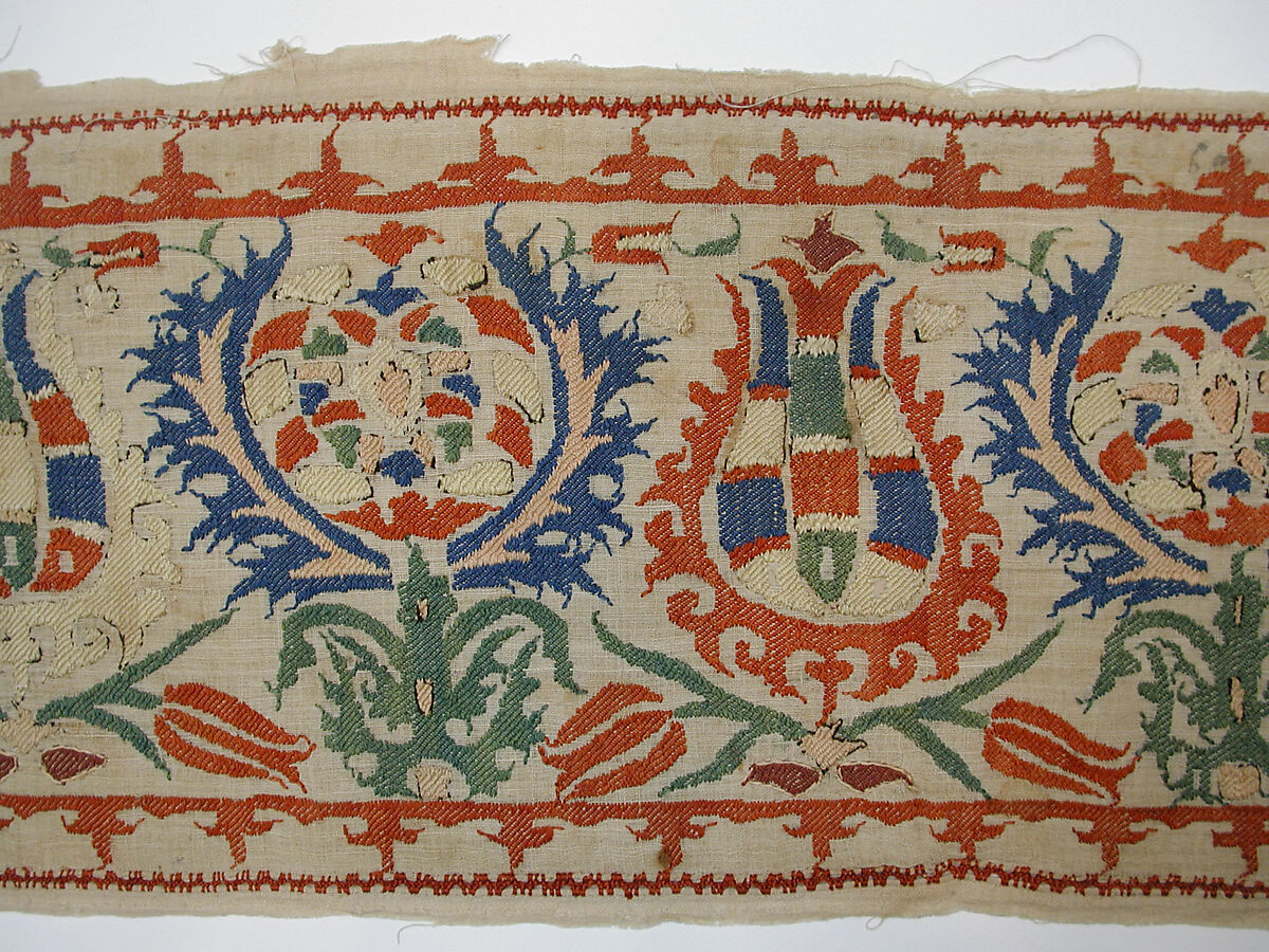 Textile Fragment, Linen, silk; plain weave, embroidered