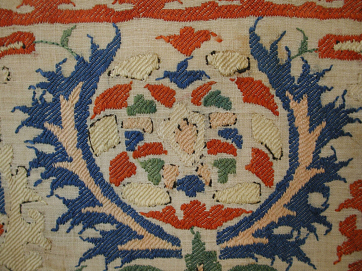 Textile Fragment, Linen, silk; plain weave, embroidered
