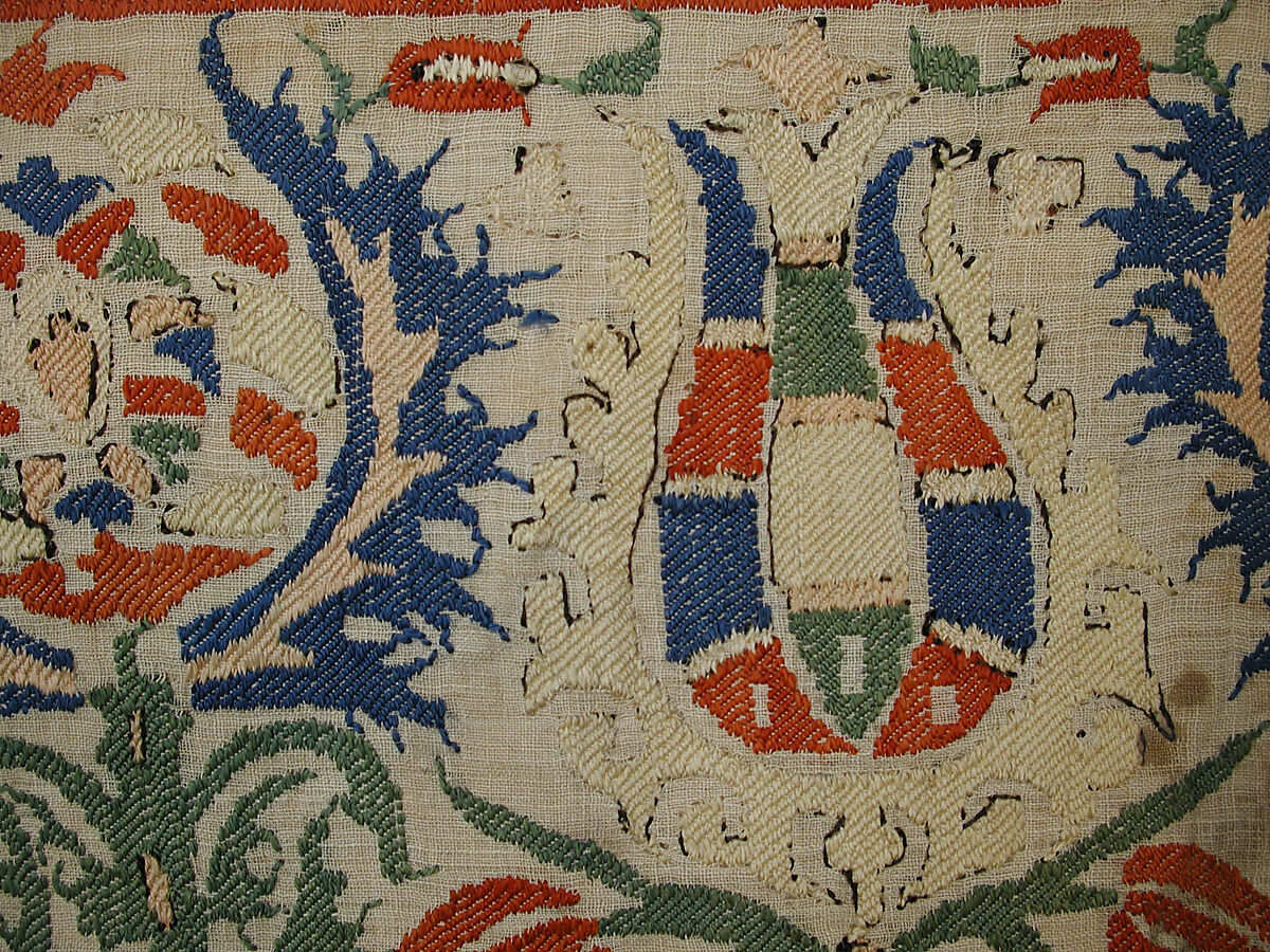 Textile Fragment, Linen, silk; plain weave, embroidered