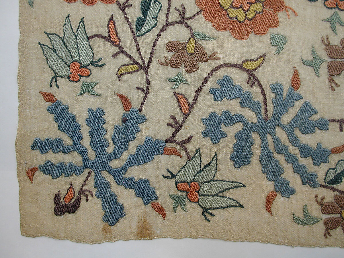 Towel End, Linen, silk; plain weave, embroidered
