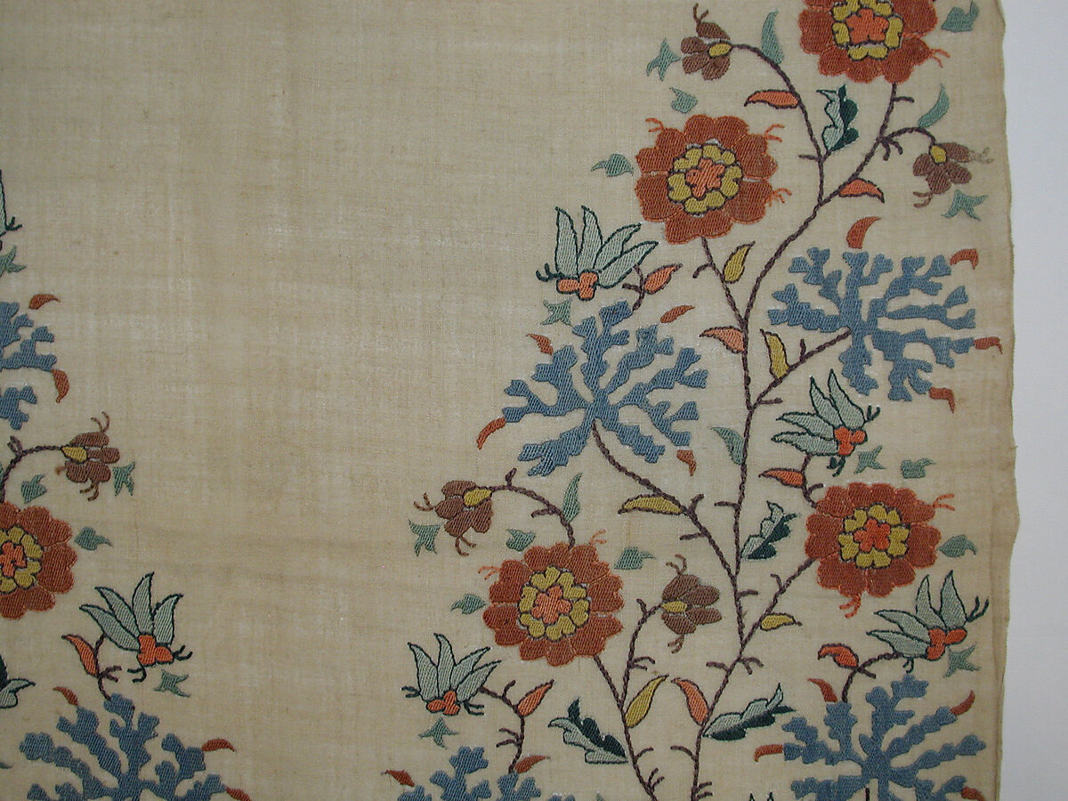 Towel End, Linen, silk; plain weave, embroidered