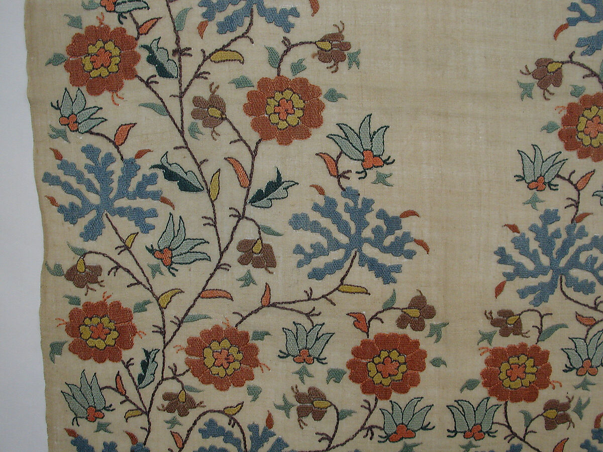 Towel End, Linen, silk; plain weave, embroidered