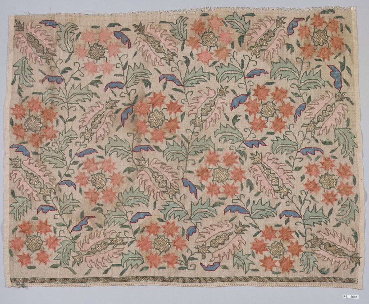 Towel End, Linen, silk, metal wrapped thread; plain weave, embroidered