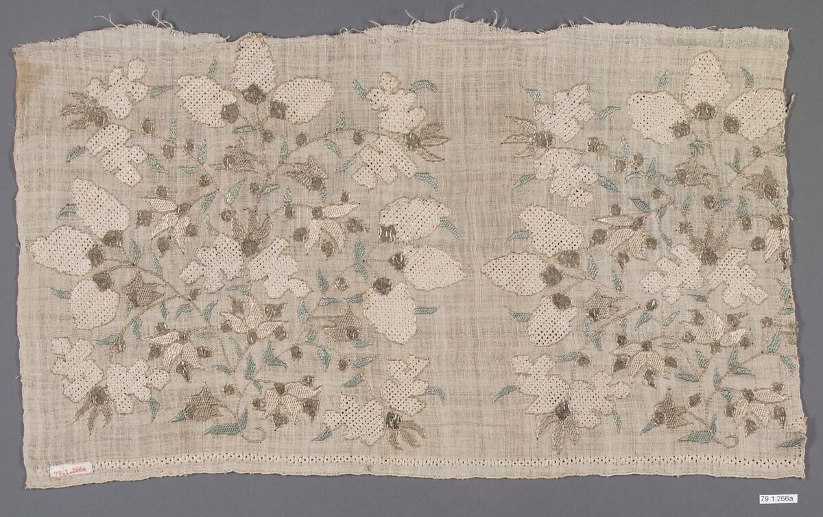 Towel End, Linen, silk, metal wrapped thread; plain weave, embroidered