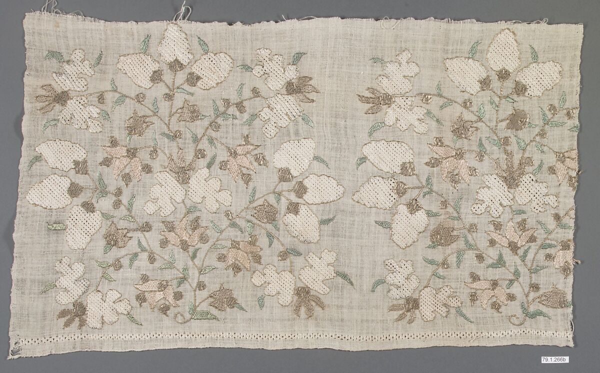 Towel End, Linen, silk, metal wrapped thread; plain weave, embroidered