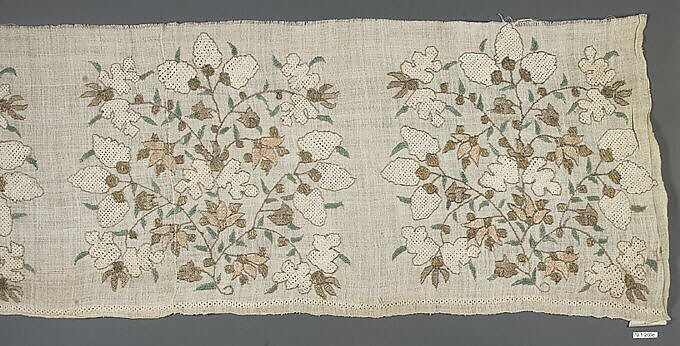 Textile Fragment, Linen, silk, metal wrapped thread; plain weave, embroidered 
