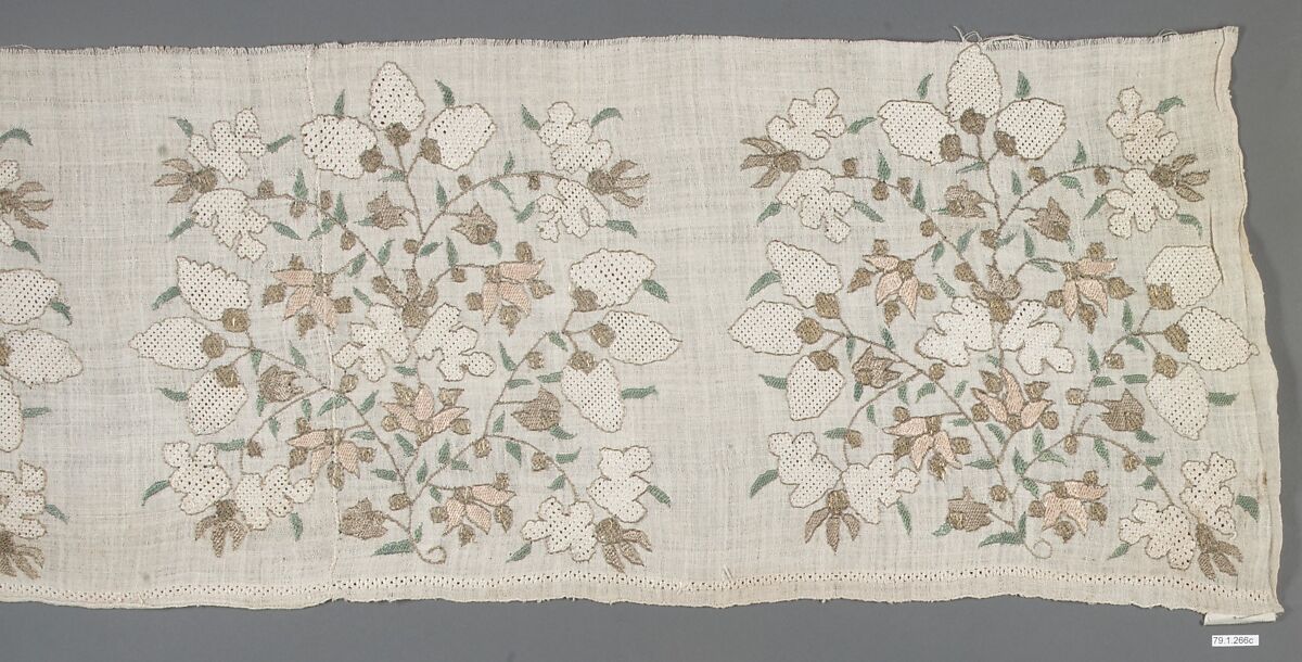 Textile Fragment, Linen, silk, metal wrapped thread; plain weave, embroidered