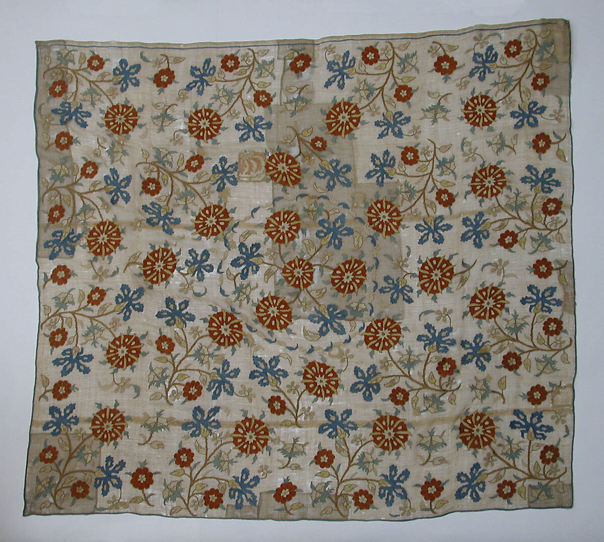 Cover, Linen, silk, metal wrapped thread; plain weave, embroidered 