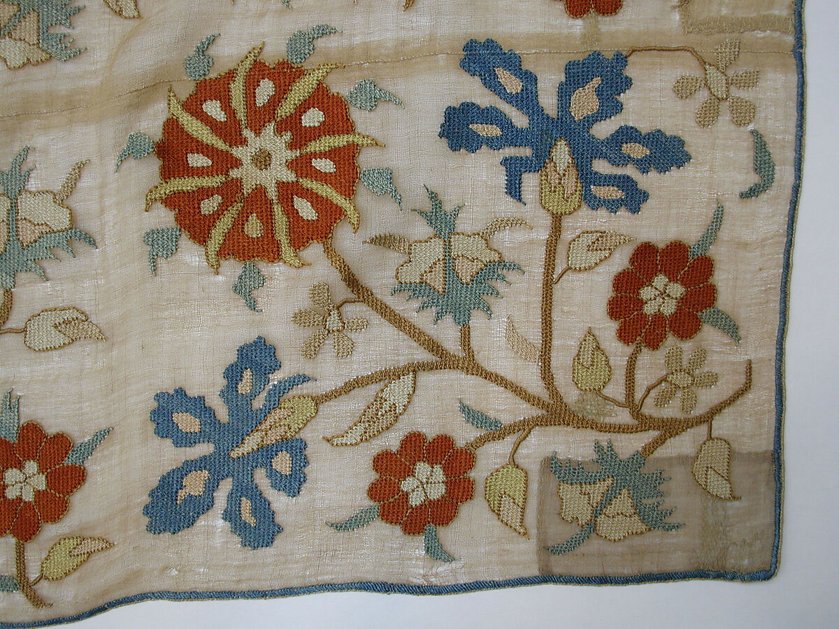 Cover, Linen, silk, metal wrapped thread; plain weave, embroidered