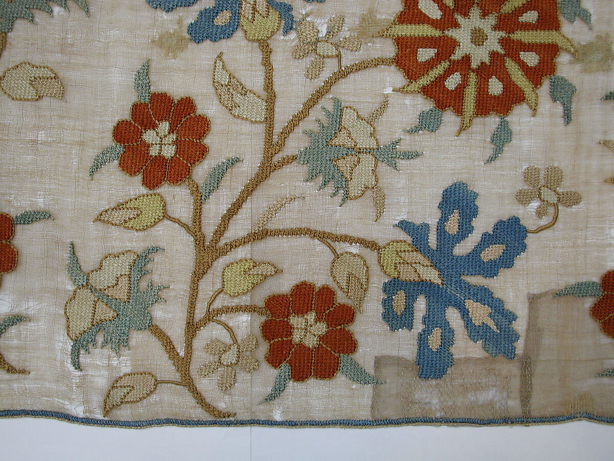 Cover, Linen, silk, metal wrapped thread; plain weave, embroidered