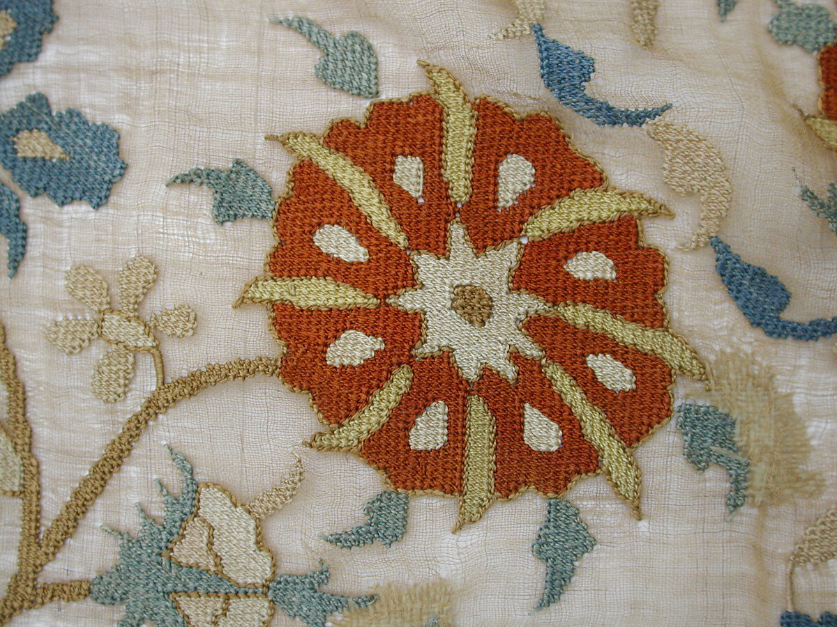 Cover, Linen, silk, metal wrapped thread; plain weave, embroidered