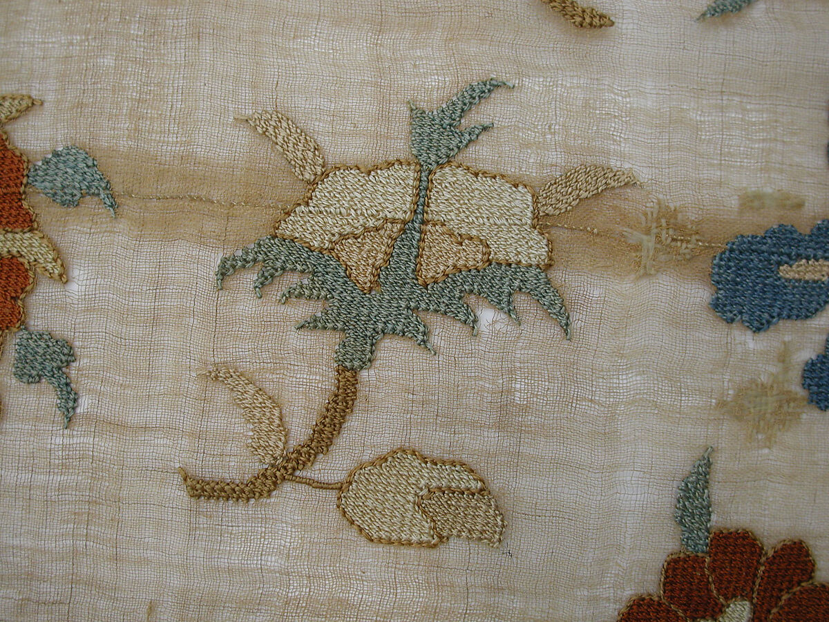 Cover, Linen, silk, metal wrapped thread; plain weave, embroidered