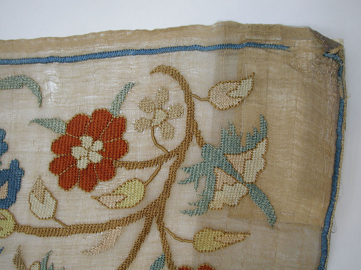 Cover, Linen, silk, metal wrapped thread; plain weave, embroidered